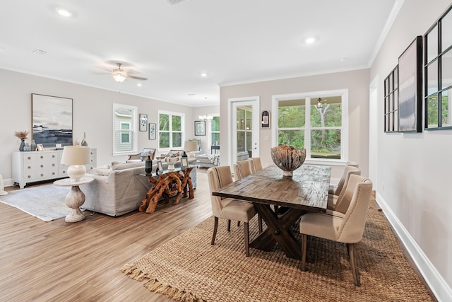 dining room featuring ceiling fan with notable chandelier, crown molding, and light wood-type flooring