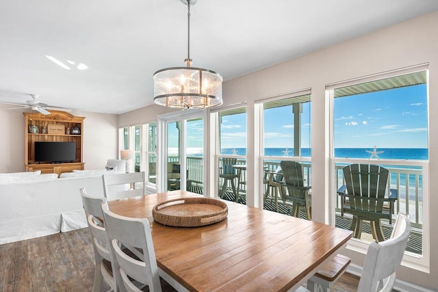 dining space with a water view, ceiling fan with notable chandelier, and hardwood / wood-style floors