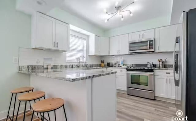 kitchen featuring appliances with stainless steel finishes, a kitchen bar, white cabinetry, sink, and kitchen peninsula