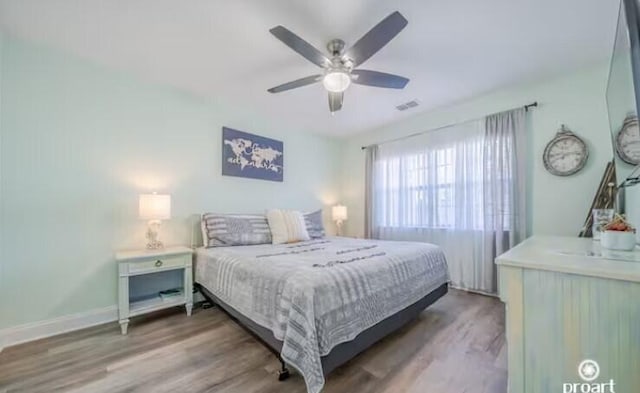 bedroom featuring ceiling fan and wood-type flooring