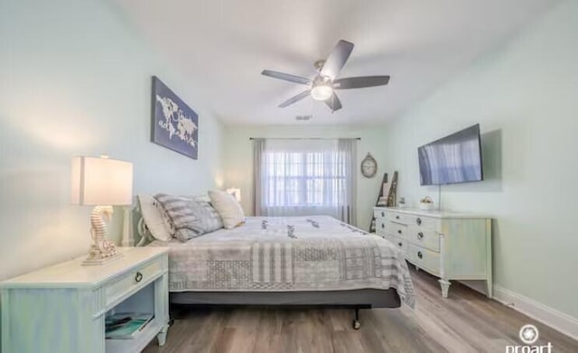 bedroom featuring ceiling fan and wood-type flooring