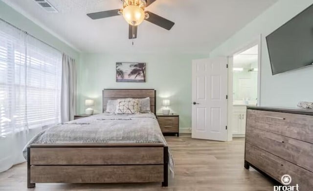 bedroom with ceiling fan and light hardwood / wood-style flooring