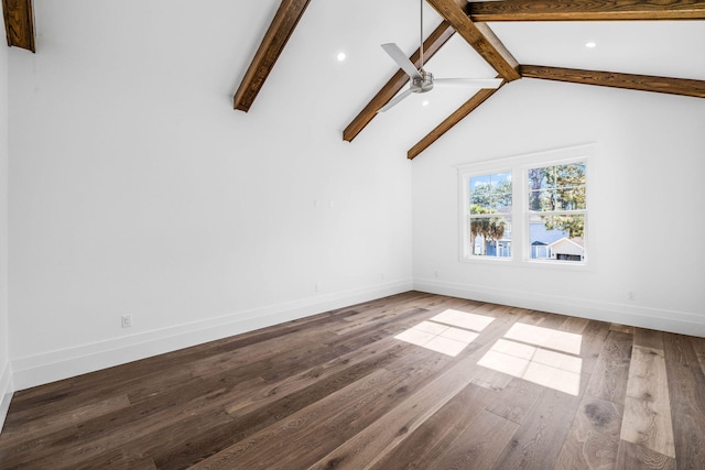 unfurnished living room featuring hardwood / wood-style flooring, ceiling fan, and vaulted ceiling with beams