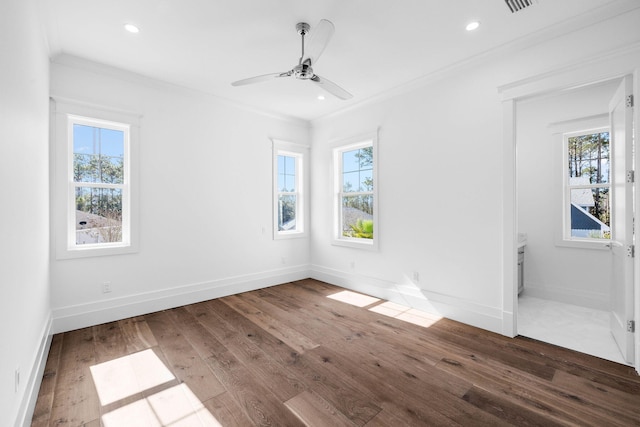 interior space featuring ceiling fan, hardwood / wood-style flooring, ornamental molding, and a healthy amount of sunlight