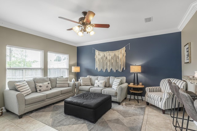 living room featuring crown molding, ceiling fan, and light tile patterned flooring