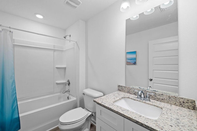 full bathroom featuring vanity, toilet, and shower / bathtub combination with curtain