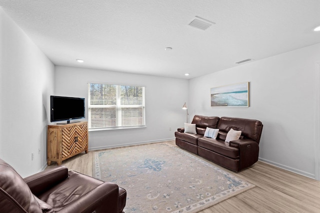 living room with light hardwood / wood-style floors and a textured ceiling