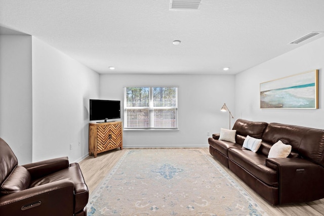 living room featuring a textured ceiling and light hardwood / wood-style flooring