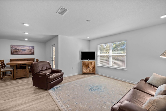 living room with light hardwood / wood-style floors and a textured ceiling