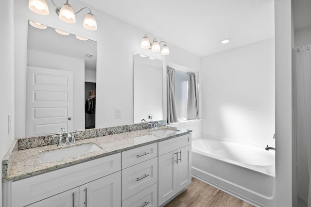 bathroom featuring hardwood / wood-style flooring, a washtub, and vanity