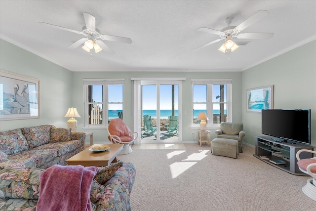 carpeted living room featuring ceiling fan, a healthy amount of sunlight, and a textured ceiling