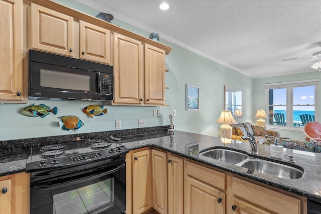 kitchen featuring sink, a water view, ornamental molding, black appliances, and a textured ceiling