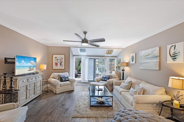 living room featuring ceiling fan, dark hardwood / wood-style flooring, crown molding, and vaulted ceiling