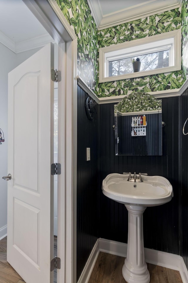 bathroom featuring wood-type flooring and ornamental molding