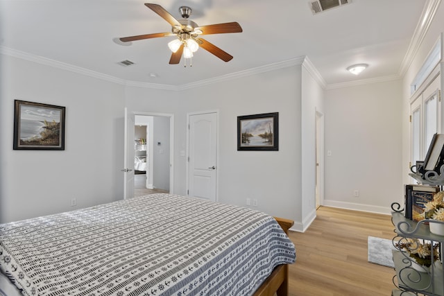 bedroom with crown molding, ceiling fan, and light wood-type flooring