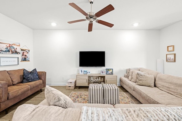 living room with wood-type flooring and ceiling fan