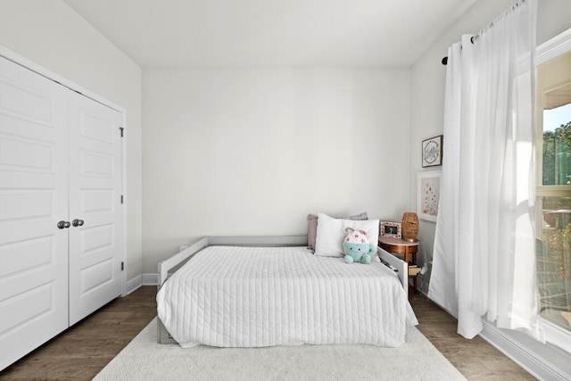 bedroom featuring dark hardwood / wood-style floors and a closet