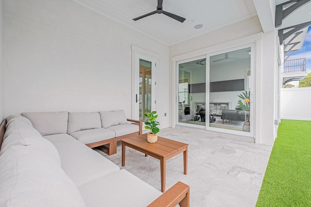 living room with ceiling fan and wood ceiling