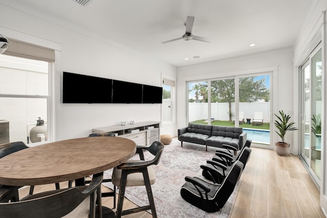 living room with light hardwood / wood-style floors, plenty of natural light, and ceiling fan