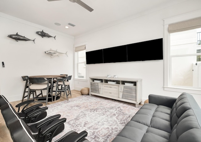 living room with hardwood / wood-style flooring and ceiling fan