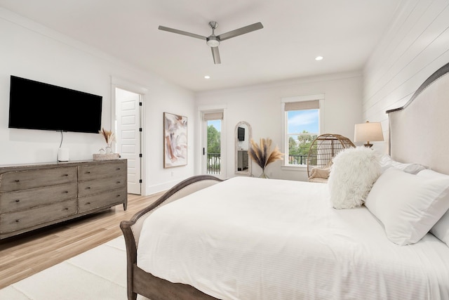 bedroom with light wood-type flooring, access to exterior, and ceiling fan