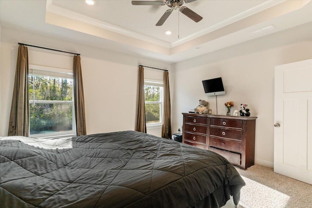 carpeted bedroom featuring a tray ceiling and ceiling fan