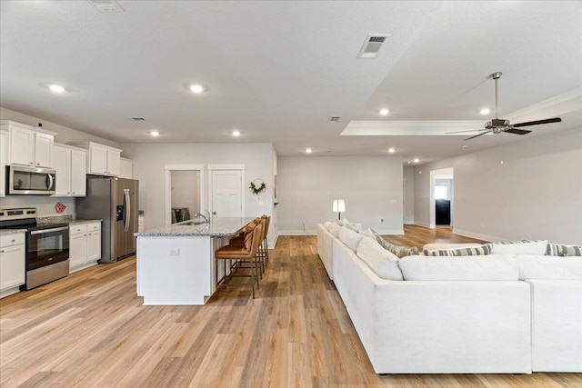 living room with sink, light wood-type flooring, ceiling fan, and a tray ceiling