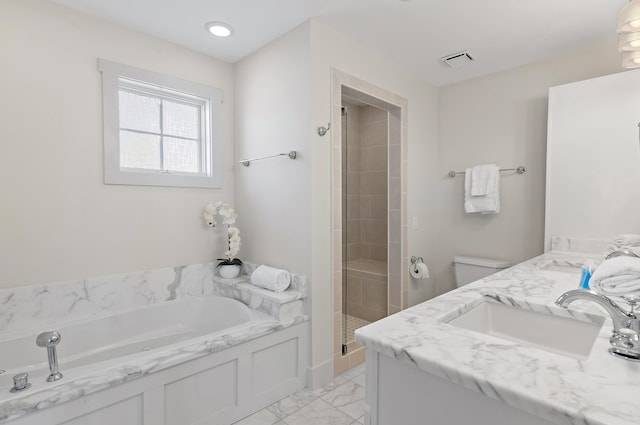 full bathroom with vanity, independent shower and bath, and toilet