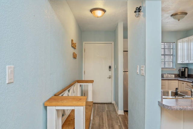 hall with sink and light hardwood / wood-style floors