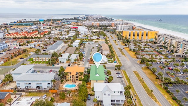 aerial view with a view of the beach and a water view