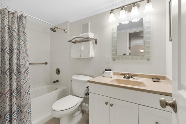 full bathroom featuring shower / bath combination with curtain, ornamental molding, vanity, and toilet