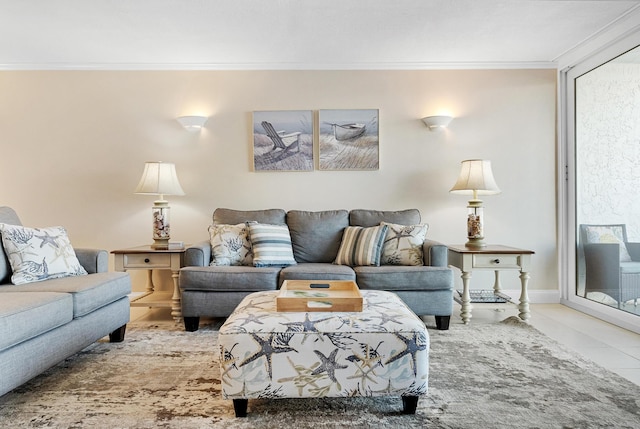 living room featuring tile patterned flooring and ornamental molding