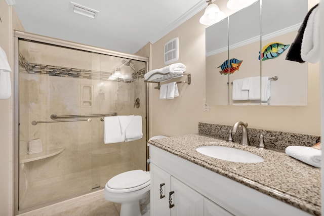 bathroom with crown molding, tile patterned flooring, vanity, toilet, and walk in shower