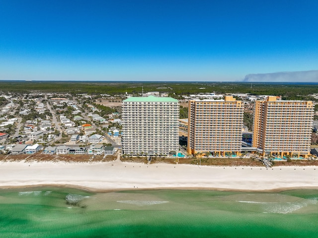 aerial view featuring a water view and a view of the beach