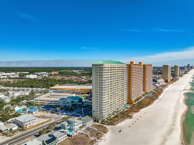 bird's eye view with a water view and a view of the beach