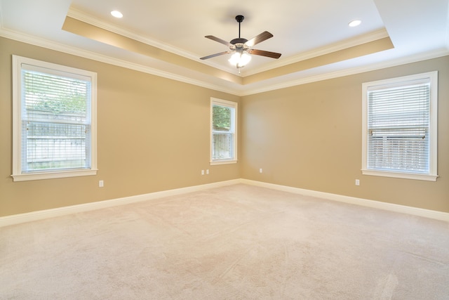 carpeted empty room with ornamental molding, ceiling fan, and a raised ceiling