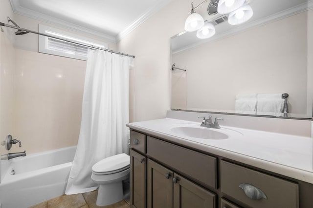 full bathroom featuring ornamental molding, vanity, toilet, shower / bathtub combination with curtain, and tile patterned floors