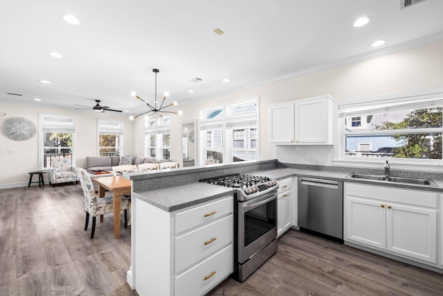 kitchen with white cabinetry, appliances with stainless steel finishes, dark wood-type flooring, and sink