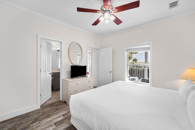 bedroom featuring crown molding, wood-type flooring, ceiling fan, and ensuite bathroom