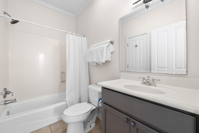 full bathroom with tile patterned floors, toilet, crown molding, vanity, and shower / bathtub combination with curtain