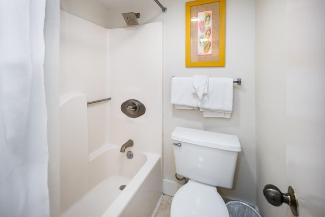 bathroom with shower / bathtub combination with curtain and toilet