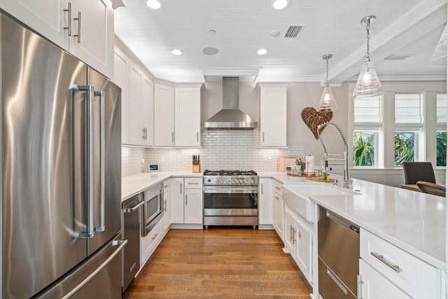 kitchen featuring premium appliances, white cabinetry, decorative backsplash, sink, and wall chimney exhaust hood