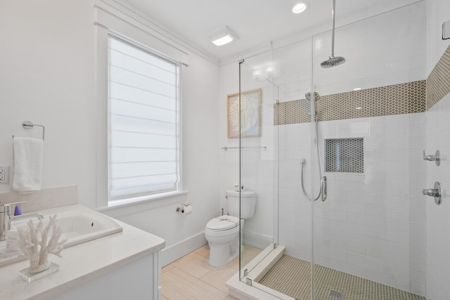 bathroom with a shower with door, toilet, a wealth of natural light, and vanity