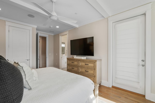 bedroom featuring ceiling fan, crown molding, and light wood-type flooring