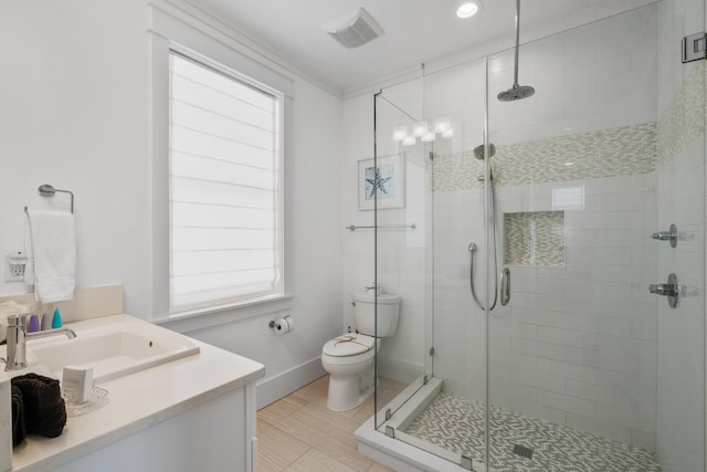 bathroom with vanity, toilet, a healthy amount of sunlight, and a shower with door