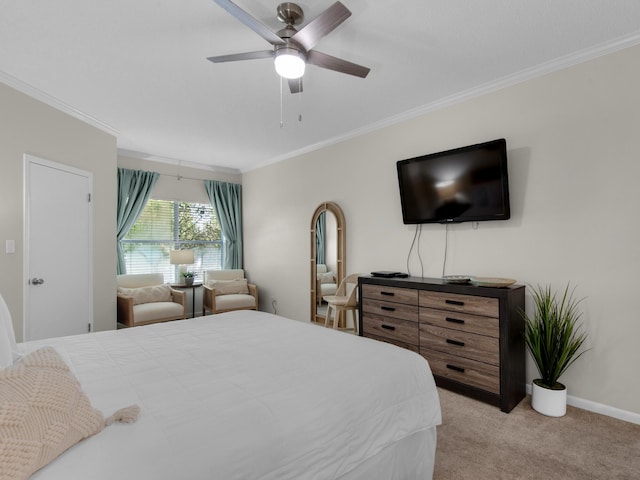 bedroom with crown molding, ceiling fan, and light carpet