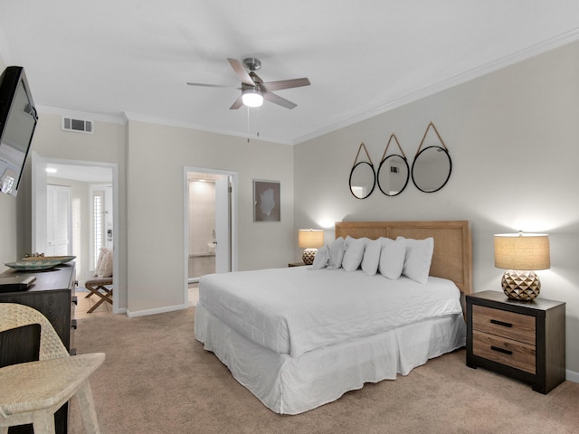 bedroom featuring light carpet, ensuite bath, ornamental molding, and ceiling fan