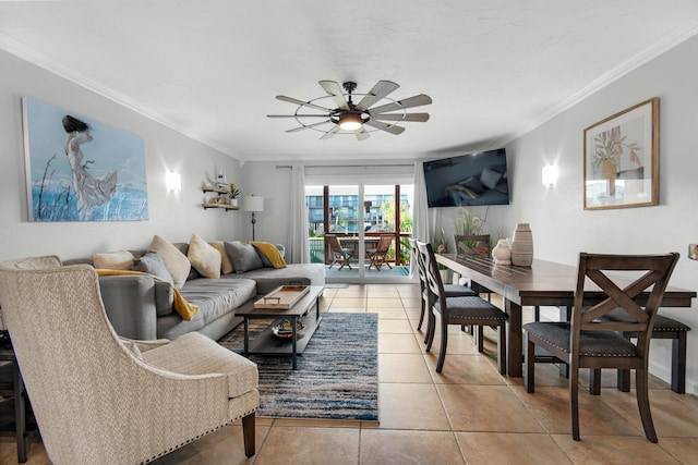 tiled living room featuring ceiling fan and ornamental molding