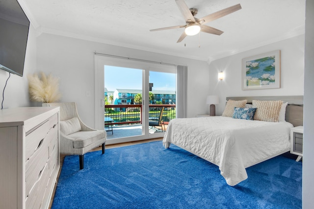 carpeted bedroom featuring crown molding, ceiling fan, and access to exterior