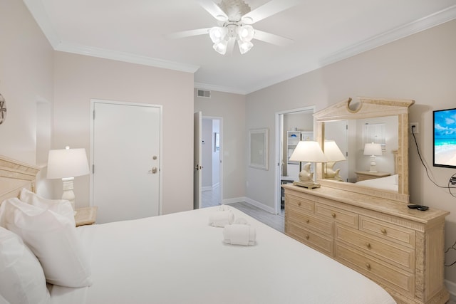 bedroom featuring ornamental molding and ceiling fan